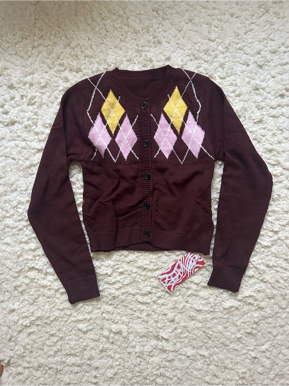 Women’s Maroon Argyle Button Cardigan Sweater - Pink & Yellow Accents